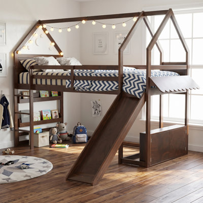 Lit mezzanine simple avec glissade et rangement, cadre de lit enfant gain de place, noyer