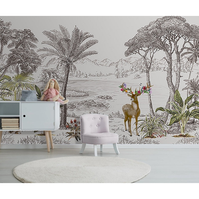Papier peint monochromes, forêt, charbon de bois, lac Horned Deer, L 114 po x l 204 po