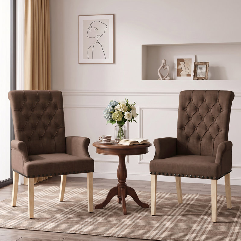 Chaise de salle à manger Amdad capitonnée en tissu avec pieds massifs, Brun, Natural
