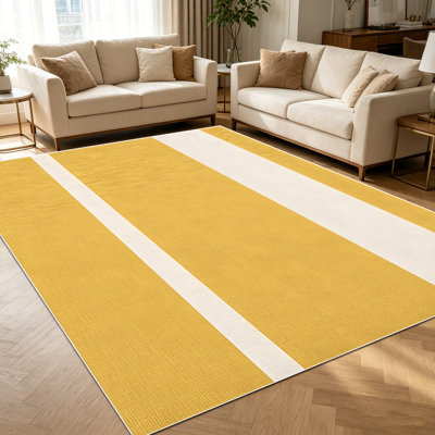 Tapis rayé jaune moutarde et blanc cassé de 1 pièce pour le salon, doux et confortable, convient à toutes les saisons, facile à entretenir, tapis de sol intérieur lavable à la machine, sous la table de ferme idéale pour la salle à manger, la chambre à coucher, le vestibule, la cuisine, le bureau à domicile ,