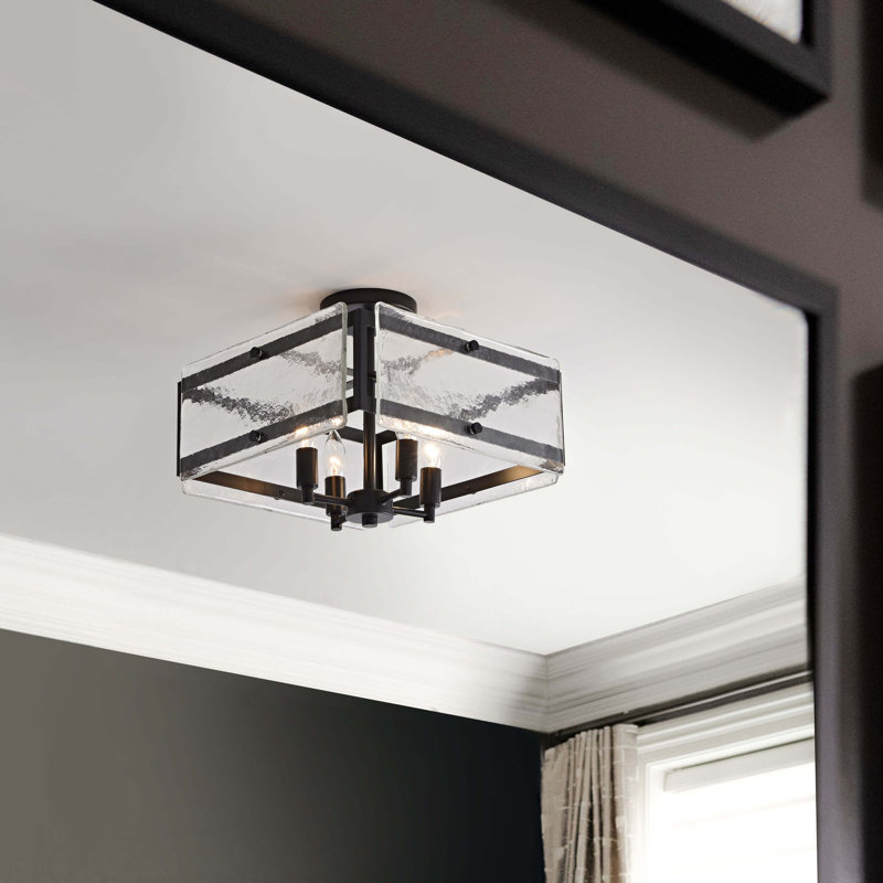Rika 15" 4-light Hand Crafted Glass Panels Square Flush Mount