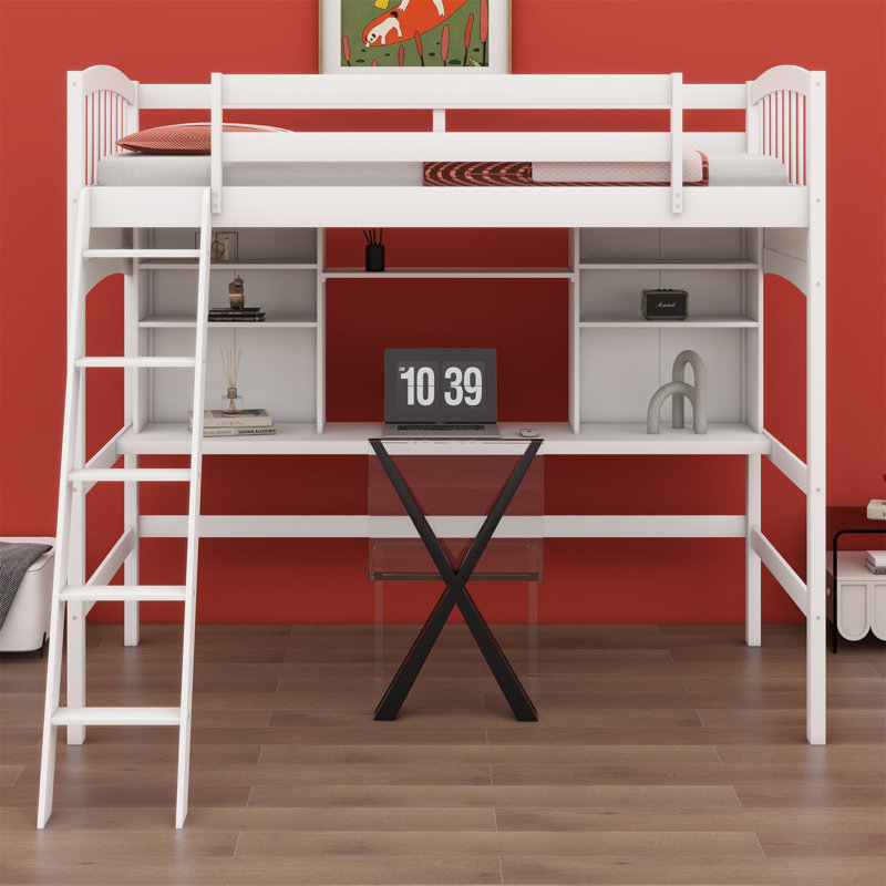 Loft Bed With Storage Shelves, Desk And Ladder, Gray