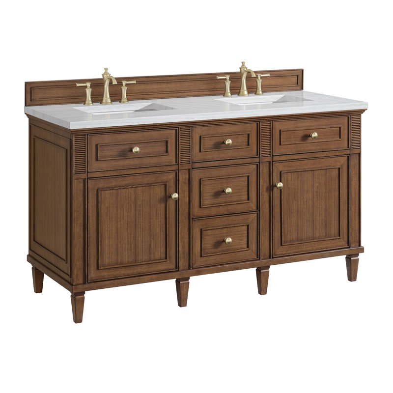 Lorelai 60'' W Double Vanity, Mid-Century Walnut, Carrara White, 8" Widespread