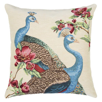 Peacocks & Flowers Tapestry Cushion with Feather Filler 