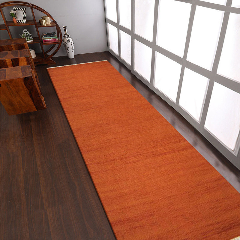 Alithea Hand Woven Flat Weave Kilim Wool Eco-Friendly Area Rugs - Runner, Dark Orange Color, Plain Solid Design, Low Pile Handmade Area Rugs for Living Room, Bed Room