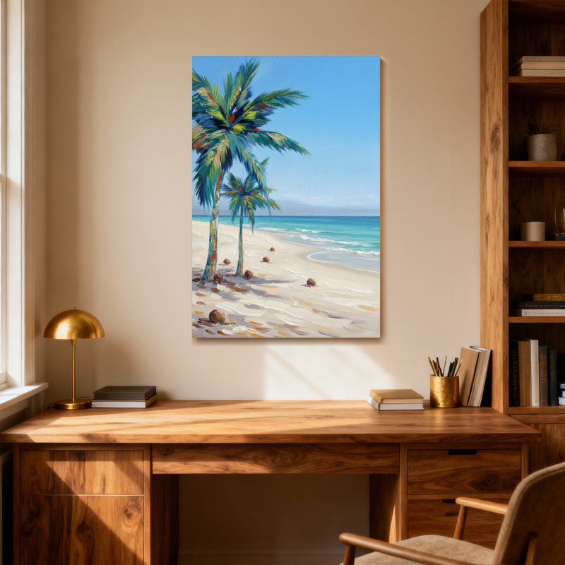 Plantes et fleurs, plage tropicale, palmiers, océan, ciel, noix de coco, vagues de sable, H 30 po x l 20 po
