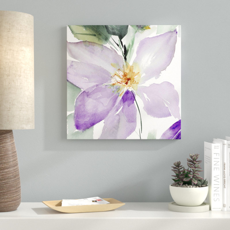 «Clematis in Purple Shades I», reproduction de peinture à l'aquarelle, H 24 po x l 24 po x P 1,5 po, Toile tendue