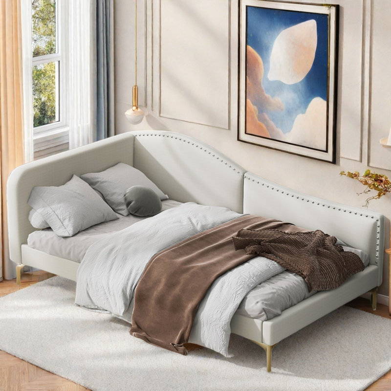 Upholstered Daybed With Headboard And Armrest, Beige, Twin