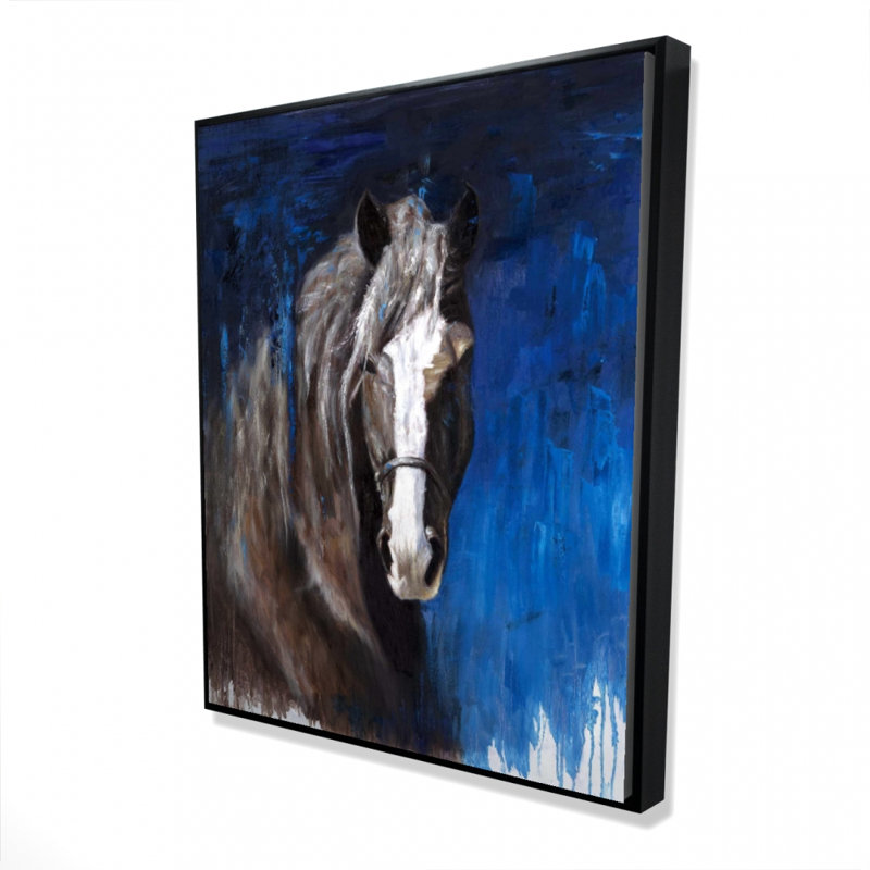 «Cheval brun sur fond bleu» sur toile, H 60 po x l 48 po