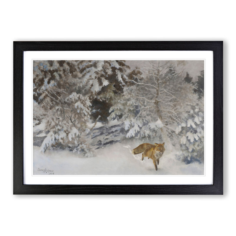 Fox in the Snow Vol.7 by Bruno Liljefors - Picture Frame Painting, 27cm H x 36cm W x 2cm D, Black Framed