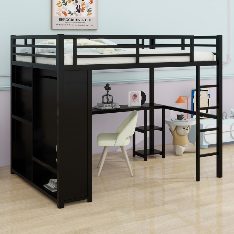 Structure de lit mezzanine avec garde-robe, bureau et tablettes de rangement, Noir, Double