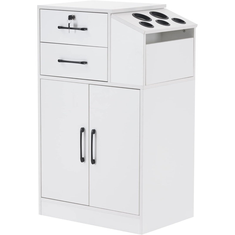 Lockable Barber Tool Cabinet Beauty Salon Storage with Holders for Hair Stylist, White