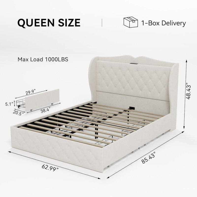 48.4'' Upholstered Bed with 4 Drawers, Bed with Storage Headboard and Charging Station, Queen