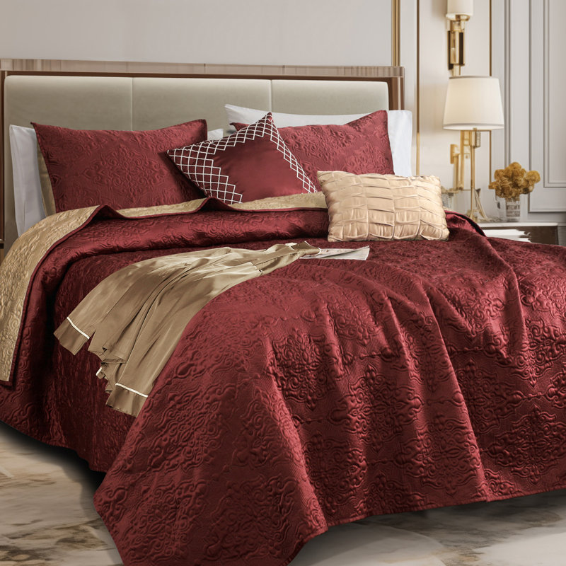 Ensemble de literie 5 pièces Satin, Courtepointe très grand et 4 pièces supplémenta, Vin