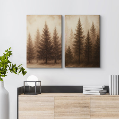 Sepia Pine Tree Forest Duo Tranquil Woodland Landscape – Pictures Framed Canvas Print 2 Pieces Wall Art