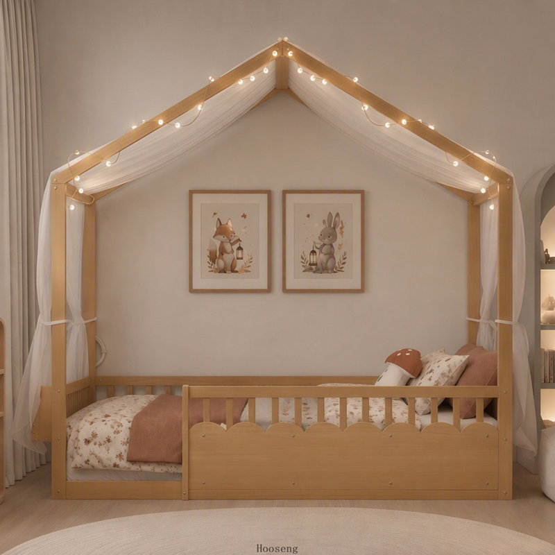 Lit double sur pied Montessori, Naturel