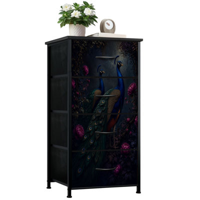 Dresser for Bedroom with 4 Storage Drawers Gothic Majestic Peacocks Garden Vibrant Flowers Tropical Foliage Dressers Chest of Drawers Steel Framed Fabric Closet Organizers for Dorm Entryway