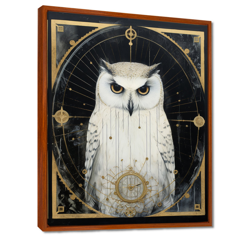 Reproduction d'art mural hibou blanc - Sagesse rétro glamour, Toile brune avec cadre flottant, H 32 po x l 24 po