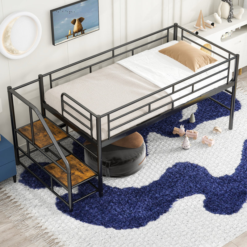 Twin Size Low Loft Bed With Stair For Kids,metal Loft Bed Frame With Storage Steps For Boys Girls, Black