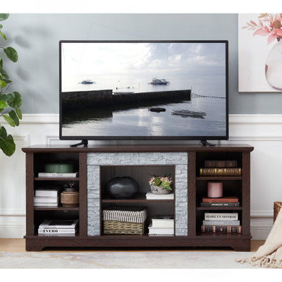 Meuble télé avec entourage en faux pierre, console de divertissement moderne avec espace de rangement ouvert, cerisier, l 58,31 po x P 15,39 po x H 26,06 po