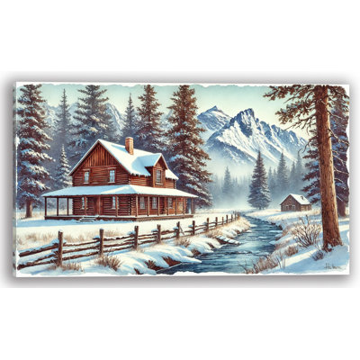 Tranquil Mountain Cabin: Winter Landscape Wrapped Canvas Wall Art