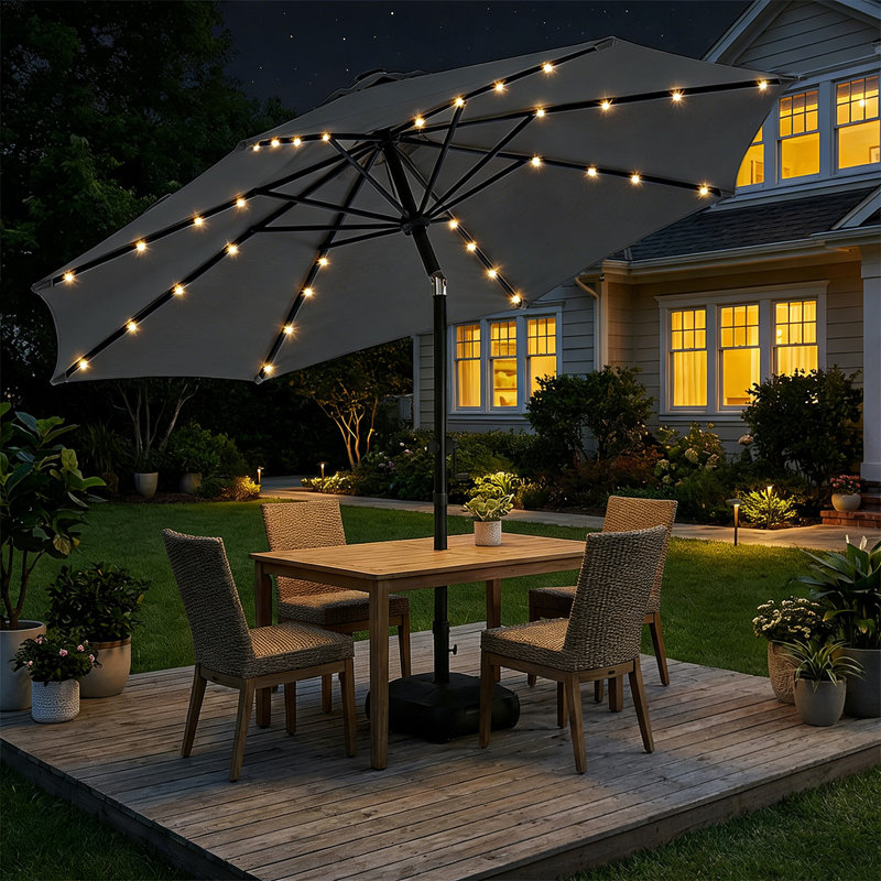 Parasol solaire de marché éclairé à DEL avec base et bouton-poussoir inclinable, H 100 po x l 120 po x P 120 po, Gris foncé