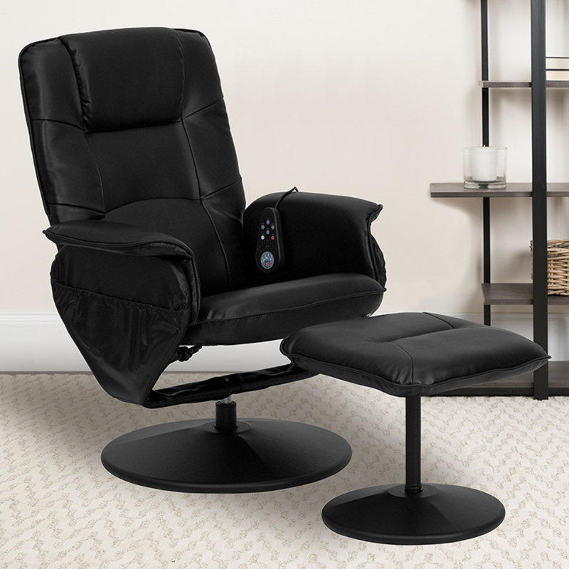 Massaging Multi-Position Recliner with Deep Side Pockets and Ottoman with Wrapped Base, Black