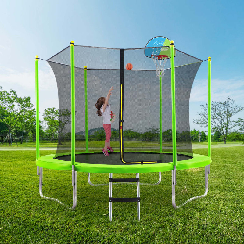 10FT Trampoline for Kids with Safety Enclosure Net, Basketball Hoop and Ladder