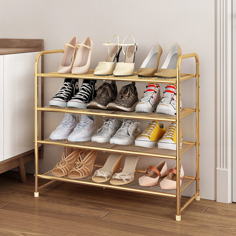 4 Tier Stackable Shoe Rack, Metal Wire Grid, Shoe Organizer Storage Shelf, Gold