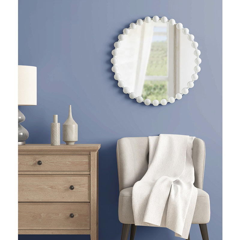 Beaded Round Wall Mirror 27" - Matte White Iron Frame, Mirrored Glass On , Ready To Hang, Indoor Elegance 27"D Keyhole Hanger, Charisma