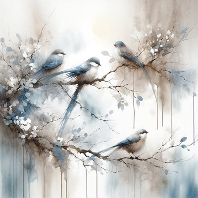 Blue Bird Branch Wall Art, Watercolor Canvas Print, Neutral Nature Farmhouse Decor