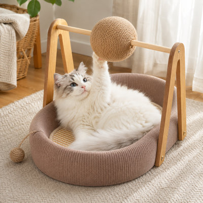 Lit pour chat ovale en bois à structure en A avec grande boule de grattage rotative en sisal et jouet suspendu en sisal, tapis de refroidissement double saison, support en bois stable, nid de jeu multifonctionnel, nid animal 22,8 x 15,8 x 15,8 pouces