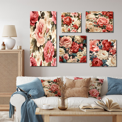 Beige Vintage Charm Floral Pattern V - Floral Wall Decor Set Of 5