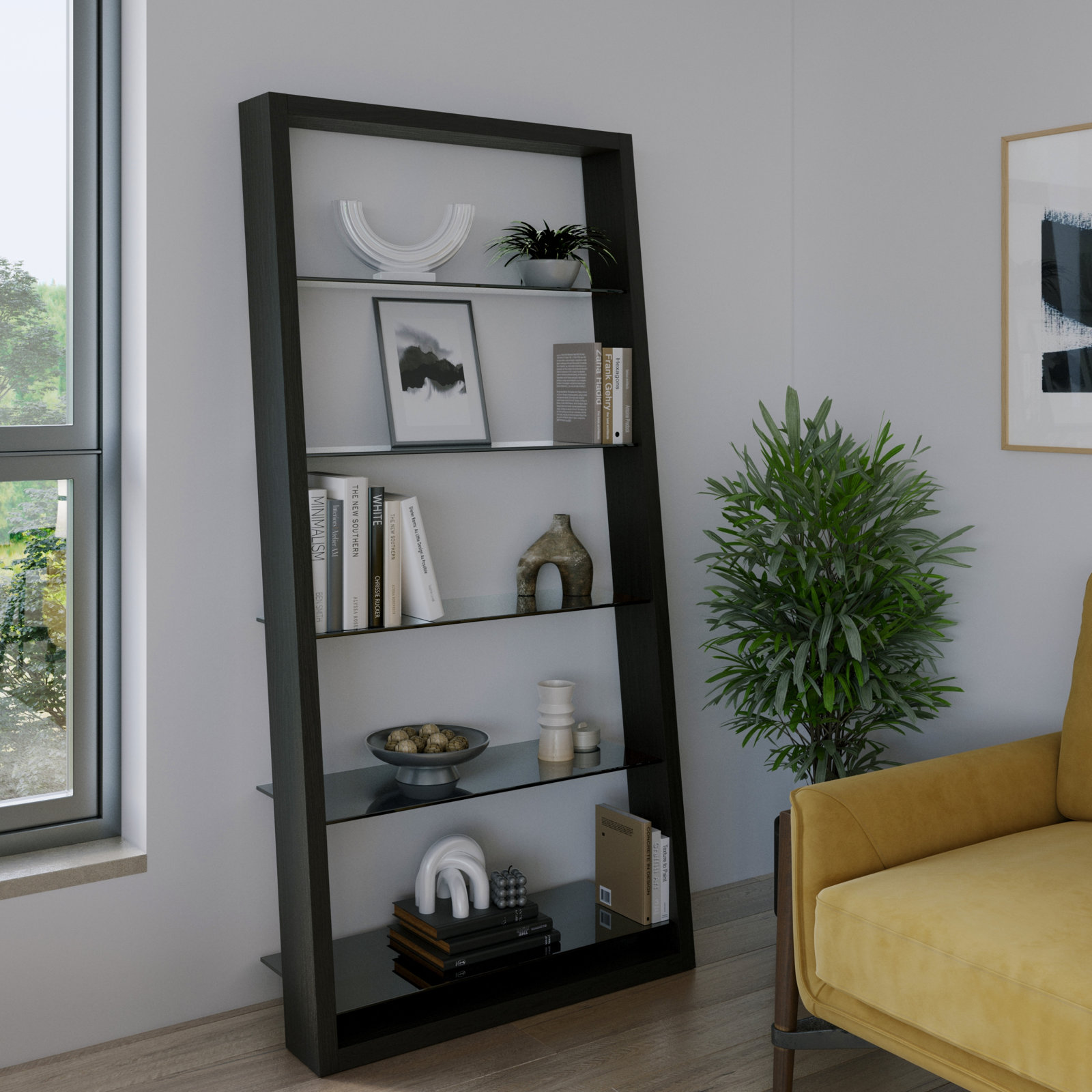 Eileen Blanc 74" H x 34.25 W Ladder Bookcase, Charcoal Stained Ash