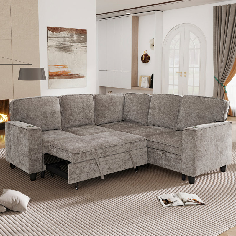 81"W Chenille Sofa Bed L-Shaped Sectional Sofa Bed With Pull-Out Bed & Storage & USB Charging, Light Brown Chenille