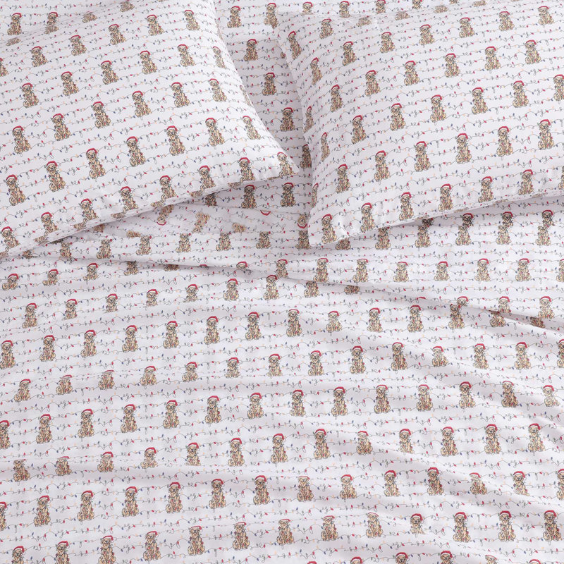Tommy Bahama Printed Percale Cotton Sheet Set, King Sheet Set with 2 Pillowcases, Pink Christmas Dogs