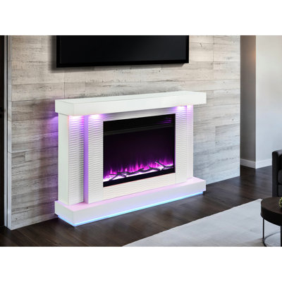 Meuble télé contemporain avec foyer électrique blanc à 3 niveaux de contrôle de la température ambiante, verre de pin, bois d'ingénierie en métal, supporte les téléviseurs de 50 pouces et peut être éteint pendant 6 heures.
