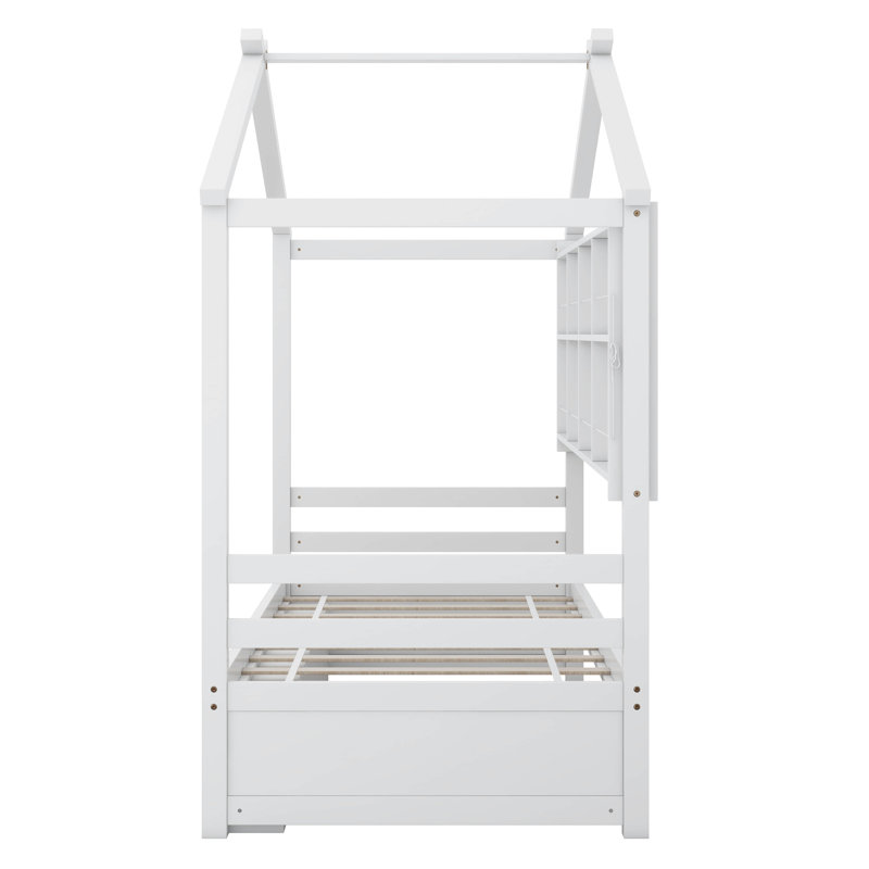 Lit maison avec plusieurs tablettes de rangement, cadre de lit en bois avec toit, tablettes de chevet, rangement sous le lit