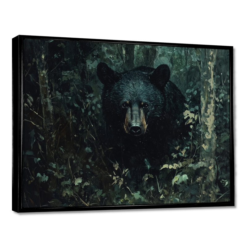 Ours noir, foyer dans la forêt II - ours, art mural, H 24 po x l 32 po, Avec cadre, Noir