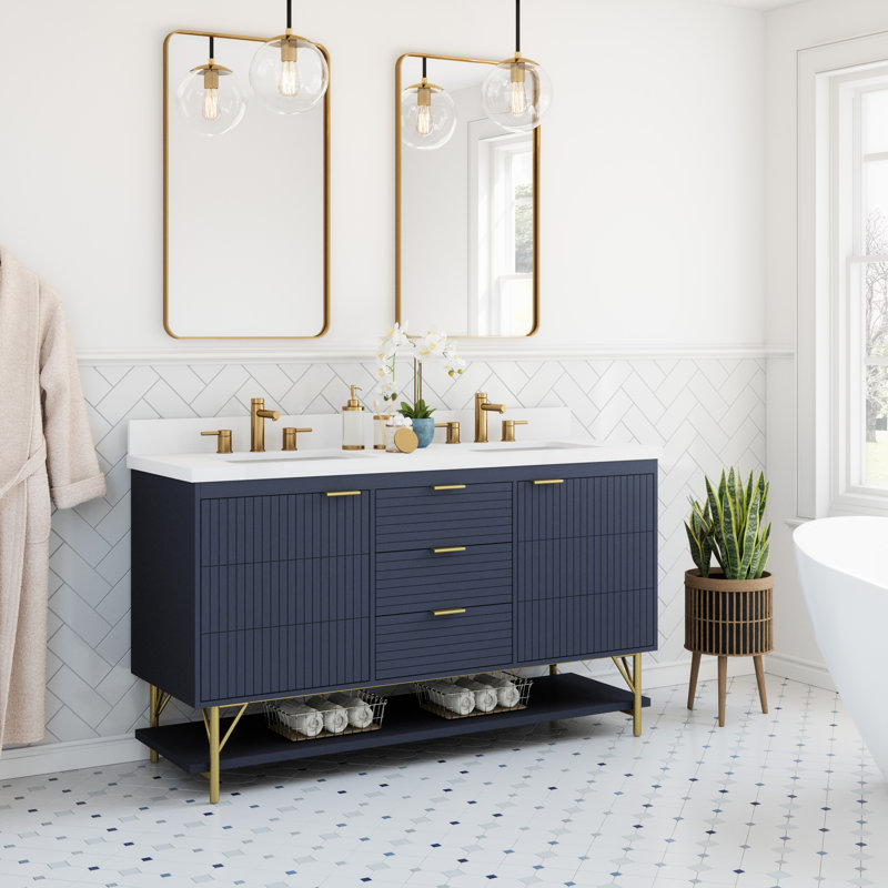 Ensemble de meuble-lavabo double 60 po avec comptoir en quartz Calletano