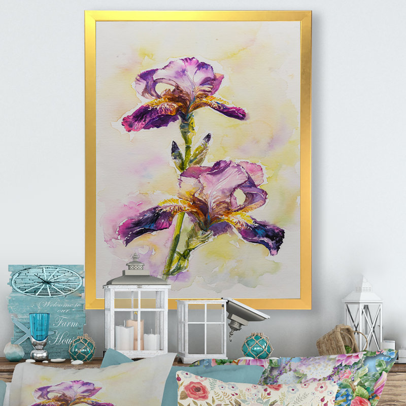 Aquarelle Iris fleur rose - décoration murale traditionnelle sur toile, Toile avec cadre photo doré