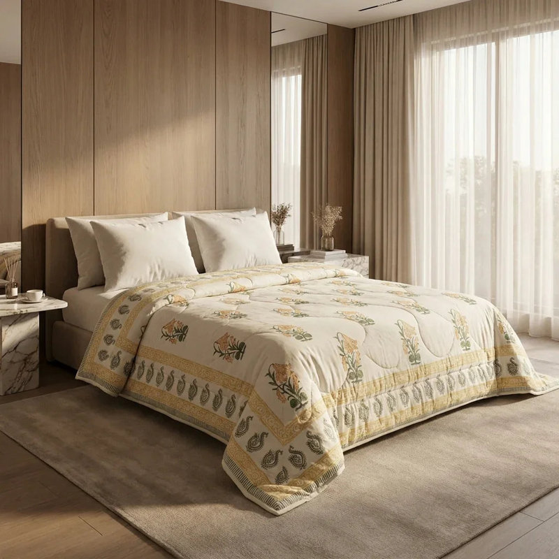 House of Avana Cream & Rose Pink Botanical Floral Jaipur Indian Hand Block Print Quilted Comforter, Queen