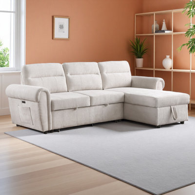 97"W Chenille Reversible Sleeper Sectional Sofa Chaise With USB Chargers, Phone/Magazine Pockets