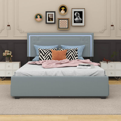 Zelai Queen Size Upholstered Platform Bed with Rivet-decorated Headboard, LED bed frame and 4 Drawers -  Everly Quinn, 21FBB6F43E2F4141849E8CFE49A183AB