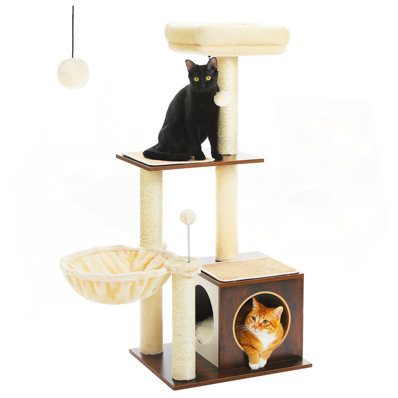 Arbre à chat moderne pour chats d'intérieur, tour de chat à plusieurs niveaux avec maisonnette pour chat, poteau à griffes, hamac douillet et pompon moelleux