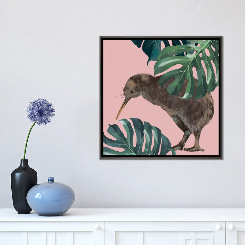 Kiwi oiseau avec monstera art, H 18 po x l 18 po x P 1,5 po, Toile encadrée de bois rustique foncé