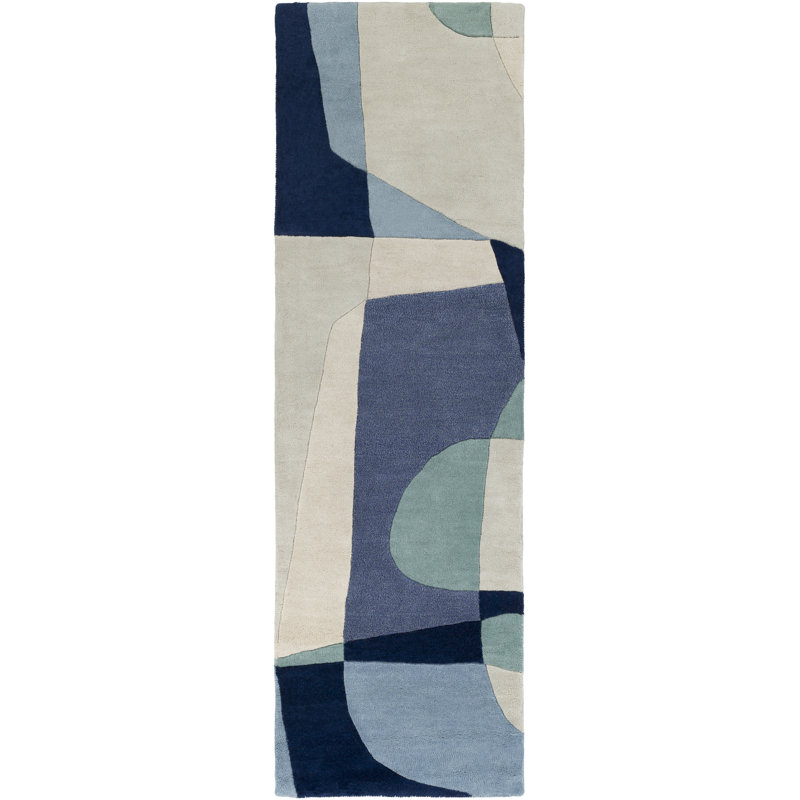 Tapis bleu sarcelle / bleu marine / beige en laine touffeté à la main Gaye, Tapis de couloir 3 pi x 12 pi