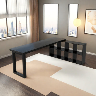 Simple Black Solid Wood Integrated L - shaped Desk and Bookcase