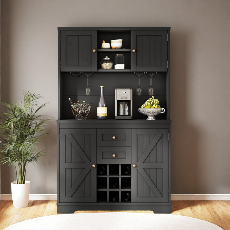 Farmhouse Coffee & Wine Bar Cabinet with Storage, Drawers, Shelves & Glass Racks for Kitchen & Dining Room, Black, Black