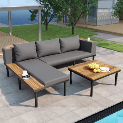 Canapé modulaire d'extérieur en L avec table basse, ensemble de mobilier de patio résistant aux intempéries avec housses de coussin amovibles, idéal pour la piscine, la cour et le balcon (beige / gris)